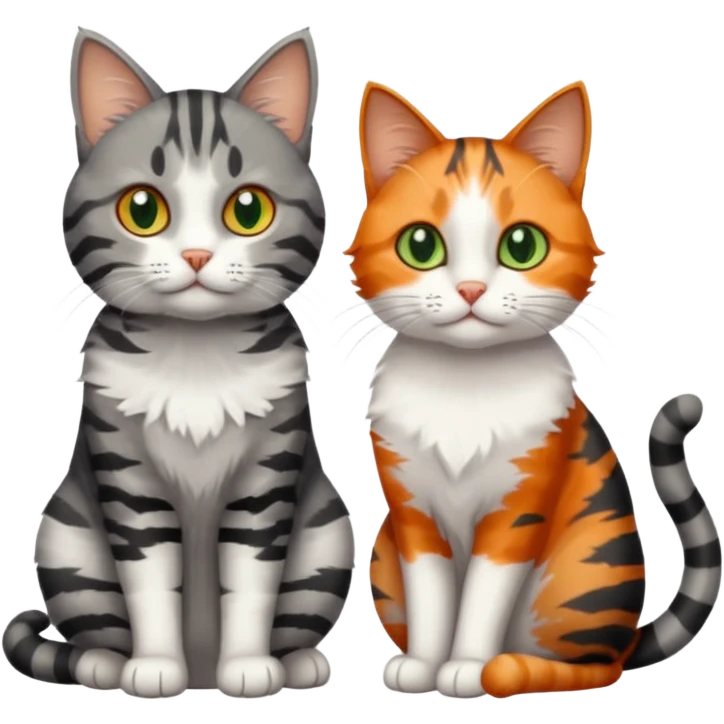 A grey tabby cat with dark grey stripes and green eyes sitting next to a calico cat with orange eyes emoji