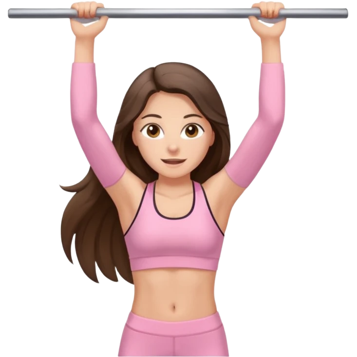 white happy brunette teen long hair with hazel eyes in light pink workout clothes doing a pullup emoji