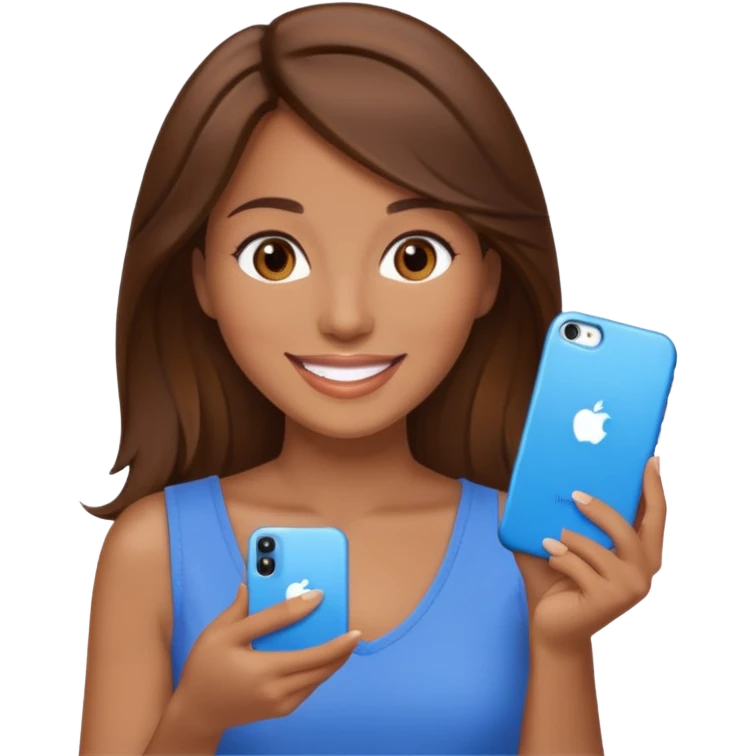 1 woman, hair brown, eyes brown and mouth beautiful in the hand 1 iphone of colour blue emoji