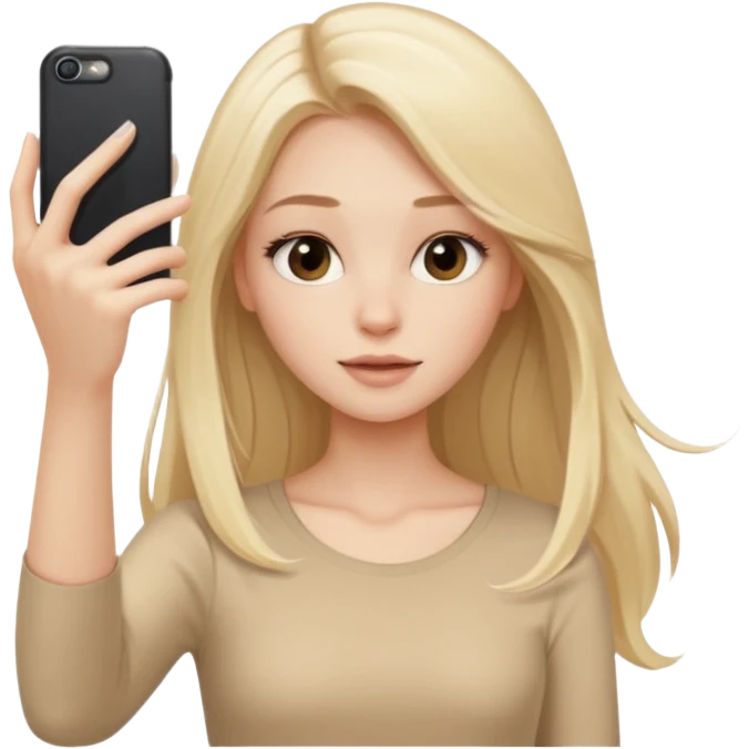  beautiful pale blonde girl with long hair taking selfie in beige top emoji