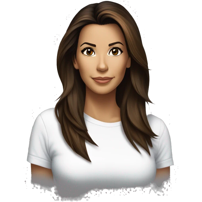 3/4 face, contrasted, shadow, light, Eva Longoria expression, standing from a distance, thin nose, brunette woman, hazel eyes, long eyelashes, dark shoulder shaded hair, white t-shirt, jeans, white sneakers emoji
