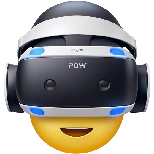 Clash of Clans aesthetic: Cinematic Playful PlayStation VR Headset Portrait Emoji, rendered in a 3D vector-style similar to standard emojis with minimal shading and bold, simplified shapes. A compact, distinct form with signature details, softly glowing with a cutting-edge console technology charm. Simplified yet unmistakably iconic, highly detailed and consistent, glowing with a soft radiance and high shine. Stylized with a touch of technological advancement and a soft glowing outline, capturing the essence of a beloved gaming relic with a friendly, playful manner! emoji