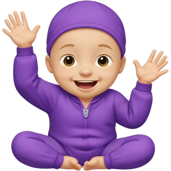 A baby wearing a purple onesie, laughing joyfully. hands down emoji