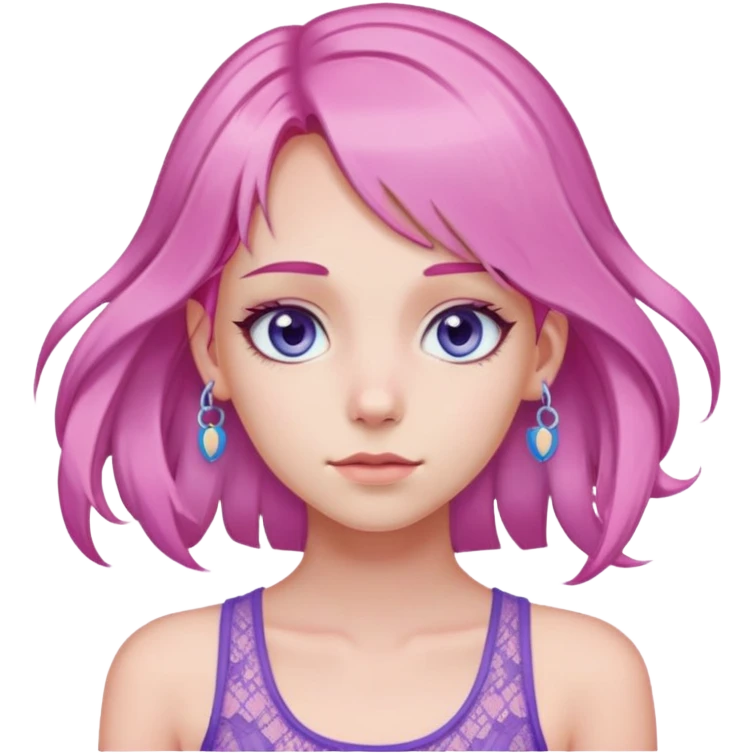 Defined Girl with long thin mid-toned hair, sky eyes, pink hair clips, purple lacey tank emoji