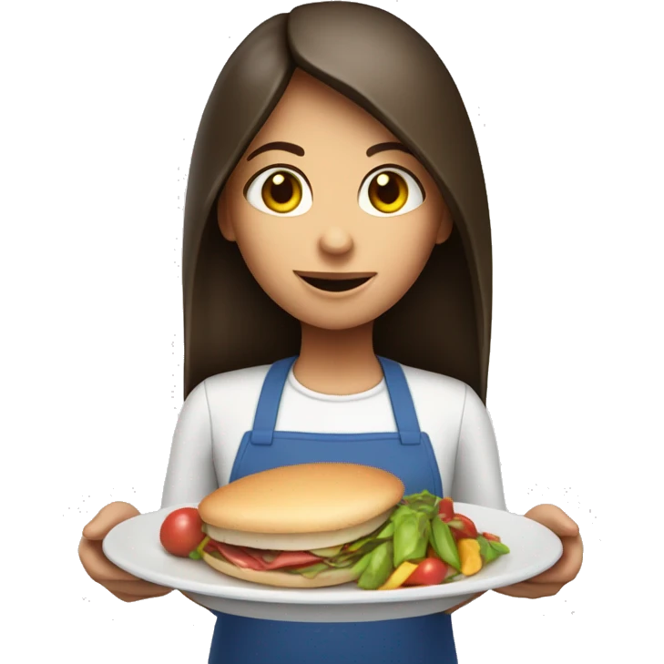Brunette long straight hair girl holding food plate in a cook hat emoji
