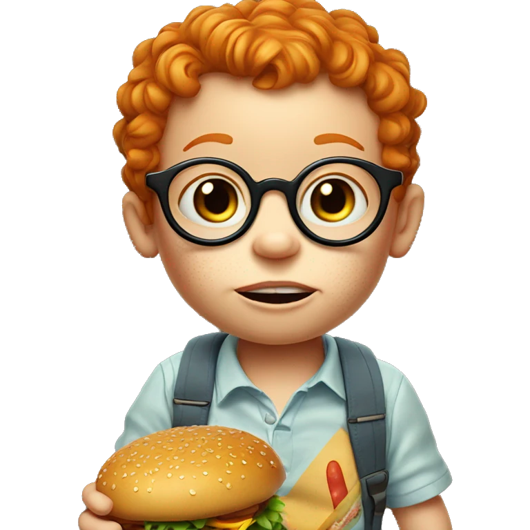 ginger white toddler with freckles and glasses with a burger eating it with a full mouth emoji