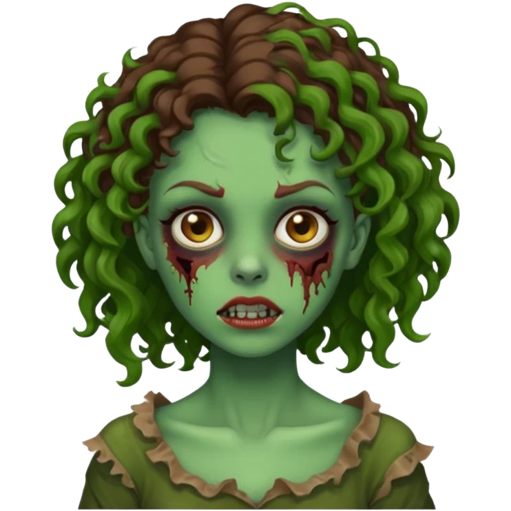 faça uma garota zombie, com a pele verde, cabelo castanho cacheado abaixo do ombro linda emoji