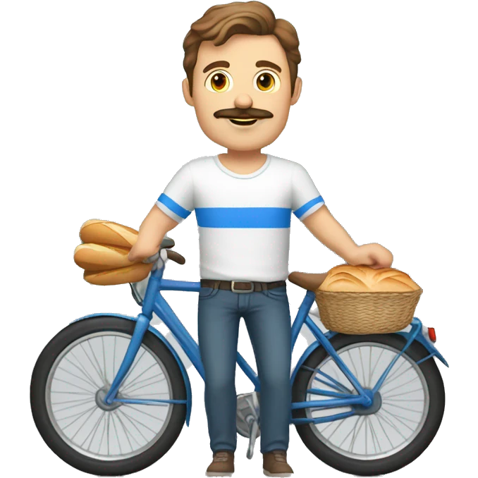 white parisian white man with brown hair a moustache and wearing a white t-shirt with blue stripes, on a bike, wearing a red scarf and holding a baguette emoji