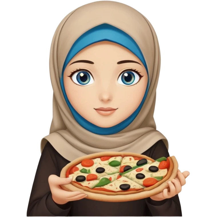 Turkish beautiful finish Konya girl blue eyes with beige and black hijab islamic dress and had on her hand a slice of vegetable pizza  emoji
