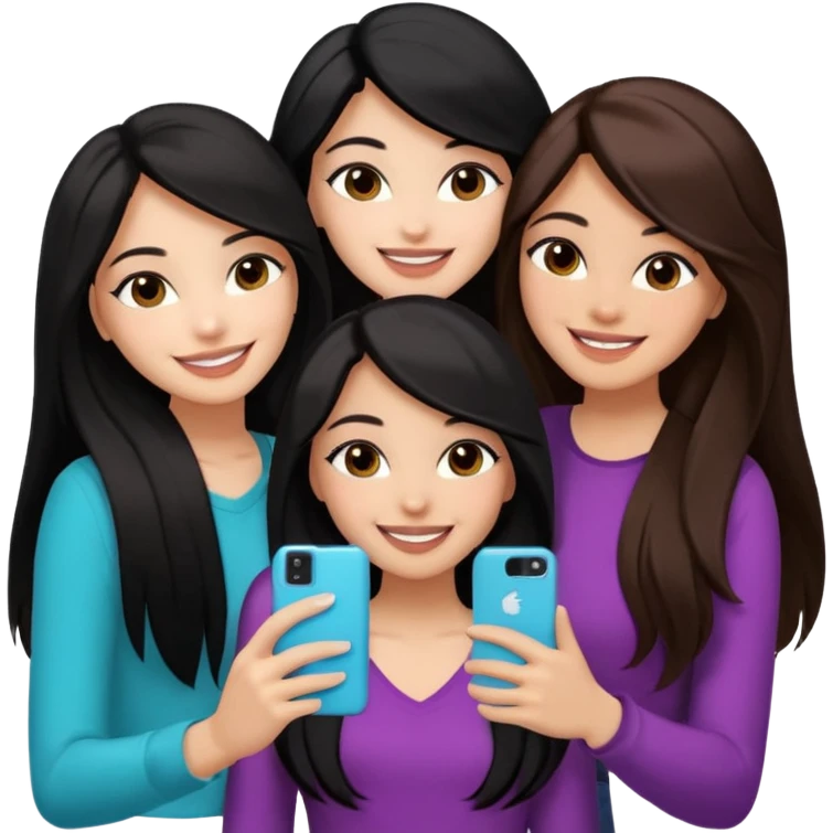 3 girl friends, one with black long hair light skin. one with brown hair long and the last girl one with black with brown medium length hair. Glammed up and hugging  and one talking a selfie and all of them smiling and looking girly all same skin tone  emoji