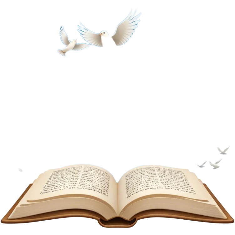 Icon for Poetry Reading: an open book with verses on the pages, from which fly pages transforming into a large flock of small white birds soaring into the blue sky. The icon should evoke the freedom and beauty of poetry. Transparent background. emoji