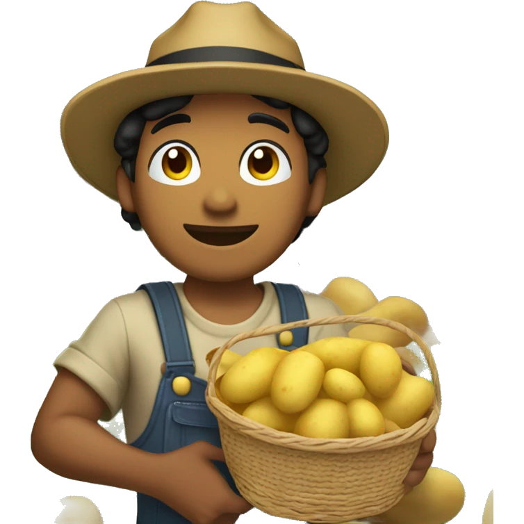  Slightly Brown skin handsome guy with black hair wearing yellow farmer's hat and holding a basket full of potatoes emoji