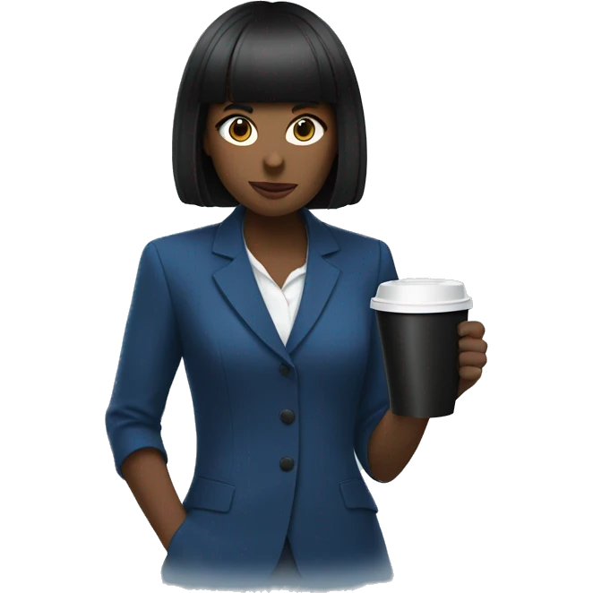 A girl with a black square and short bangs in a blue suit serves a paper black cup of coffee emoji