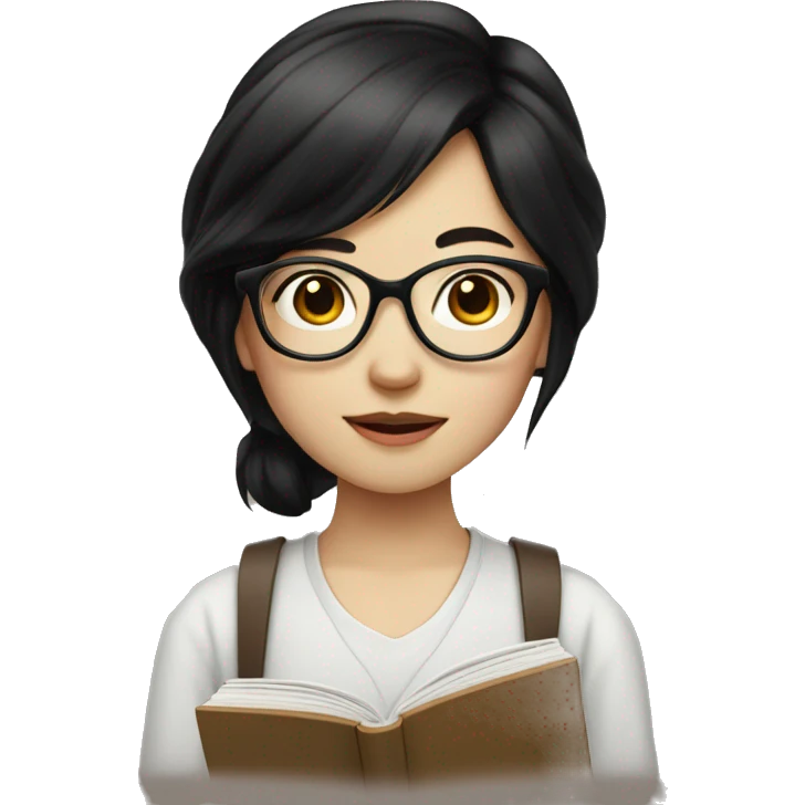 pale face asian girl with nerd glasses and black hair with book emoji