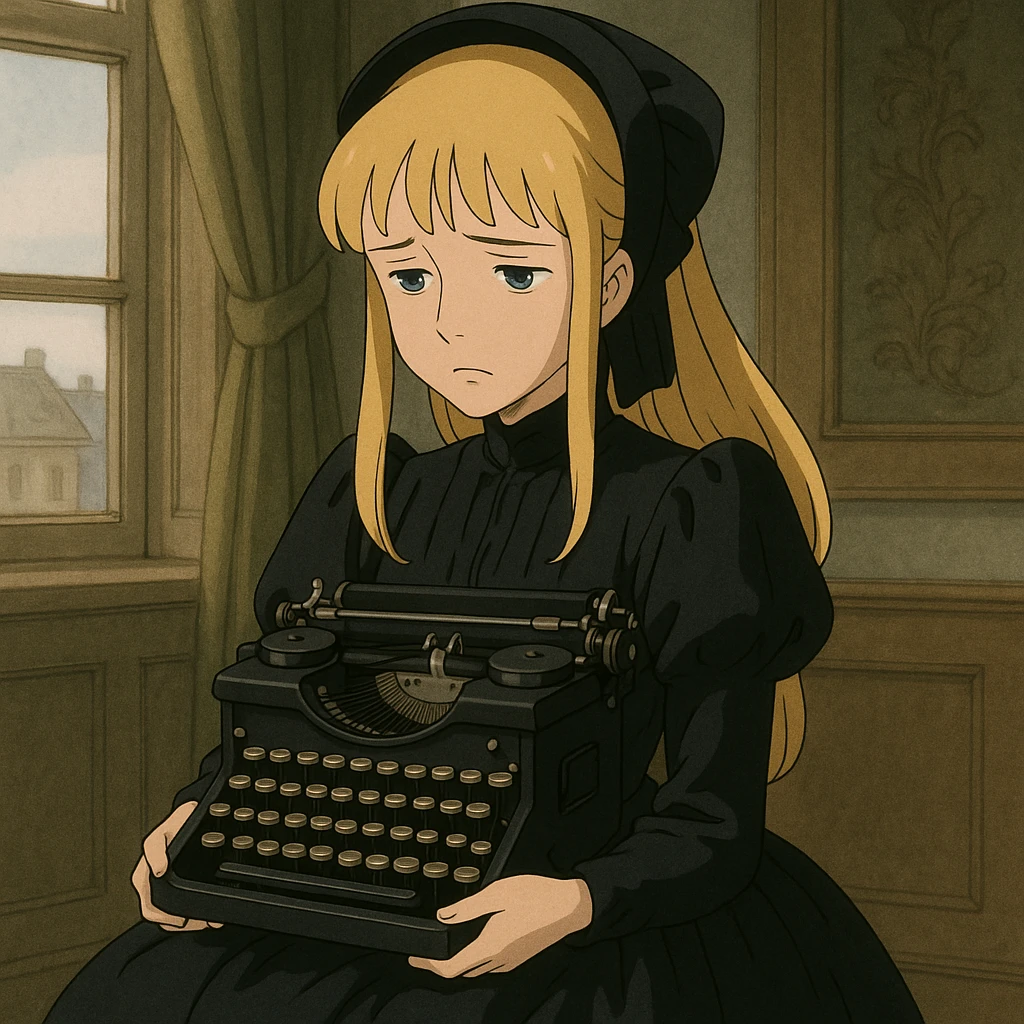 Sad Blonde Victorian woman with bangs wearing a black silk mourning gown and holding a black typewriter emoji