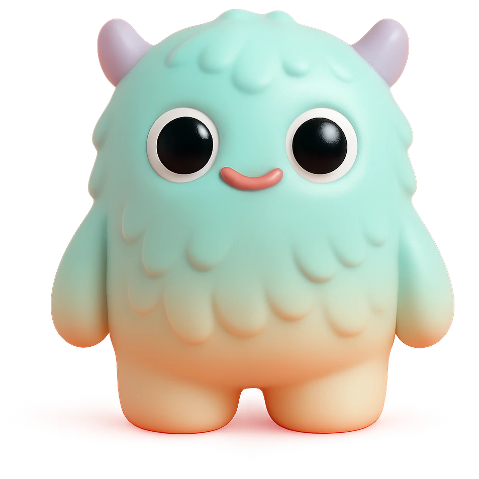 fluffy monster with soft fur texture, big round eyes, small ears, pastel color palette, toy-like emoji