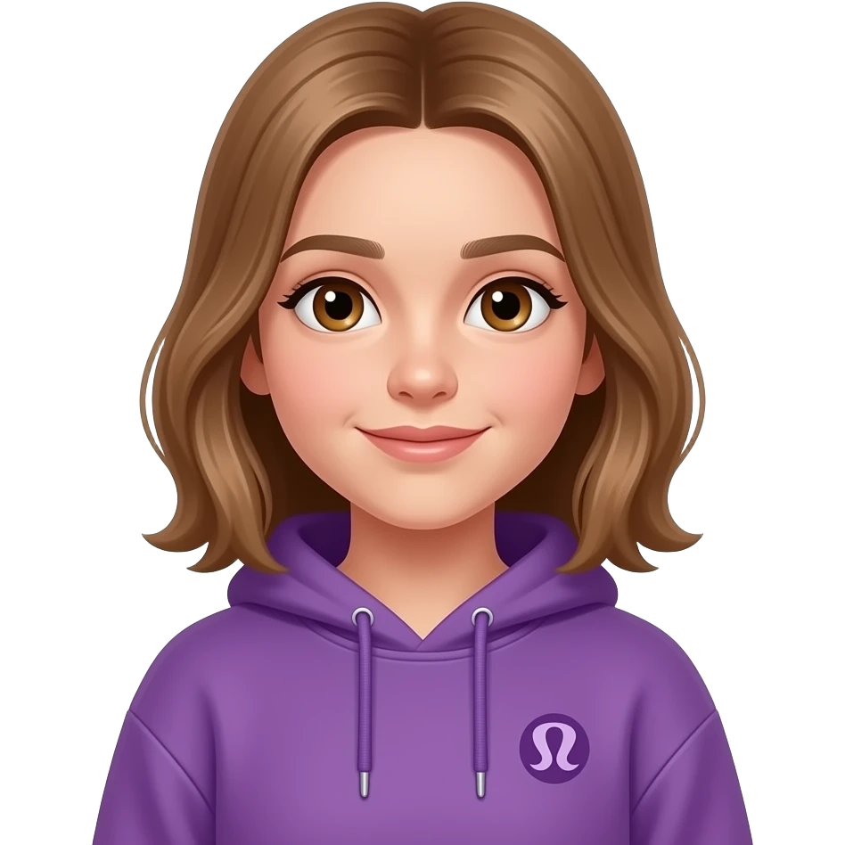 a 13 year old girl with light brown  hair brown eyes Lululemon purple sweatshirt emoji