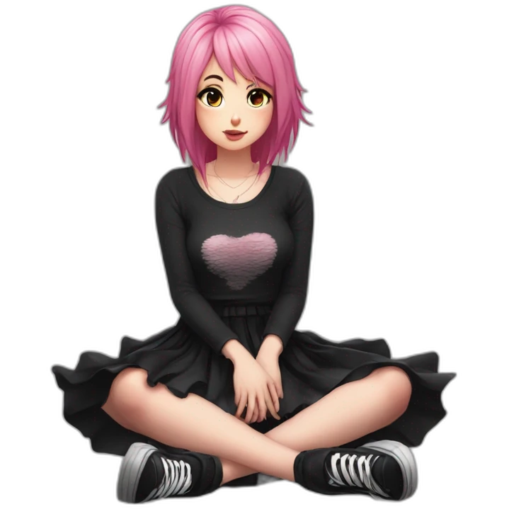Full body Front view curvy emo girl pink hair sits on the floor straight view hands up black skirt полосатые рваные чулки emoji