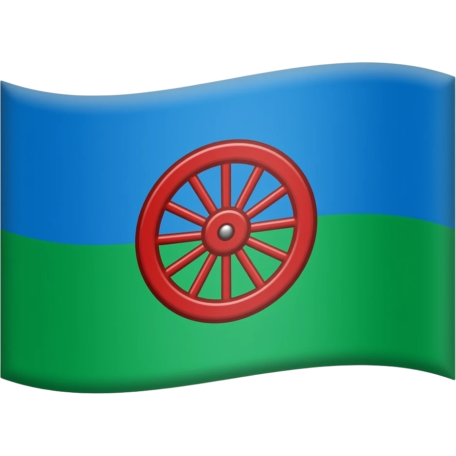 Un drapeau 2 couleur, Bleu en haut et vert en bas. Avec une roue de roulotte rouge vif au centre emoji
