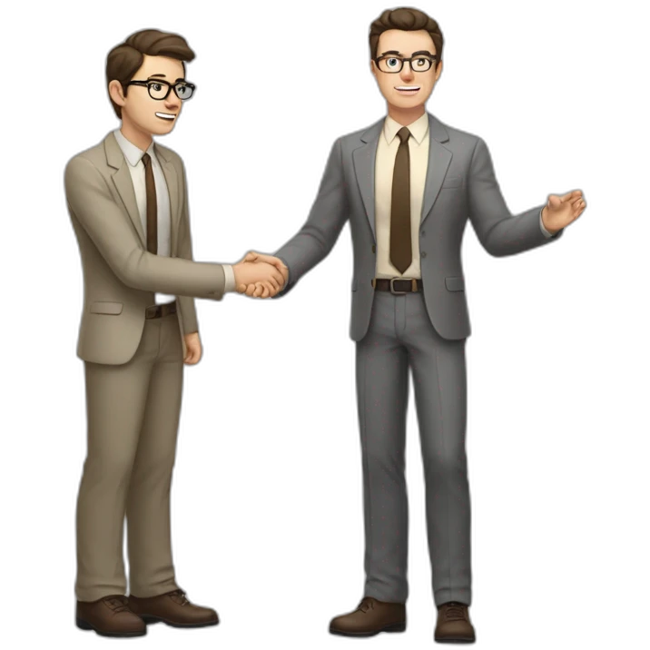 Full height Actively gesturing with hands Pale skinned fit man with dark brown hair in gray jacket, beige office shirt, brown tie, brown pants and vintage glasses. emoji
