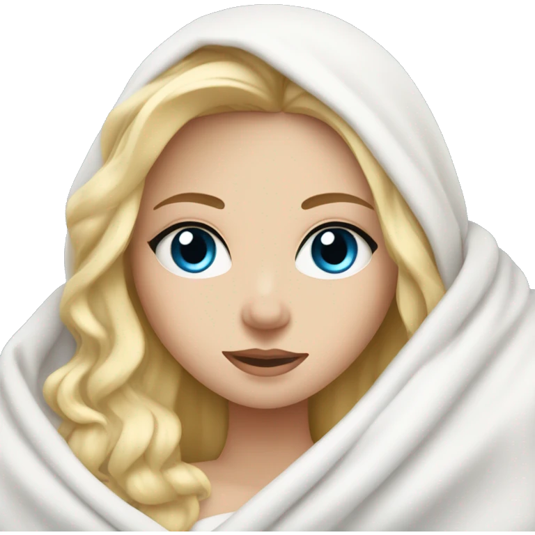 Pretty white blonde girl with blue eyes wrapped in white blanket in bed emoji