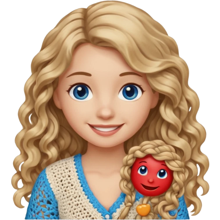 Girl with long light brown slightly blonde ish naturally wavy/curly hair and blue eyes who likes crocheting emoji