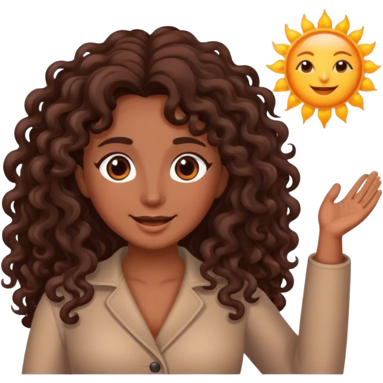 Brown woman with dark brown long curly hair saying good morning with the sun emoji