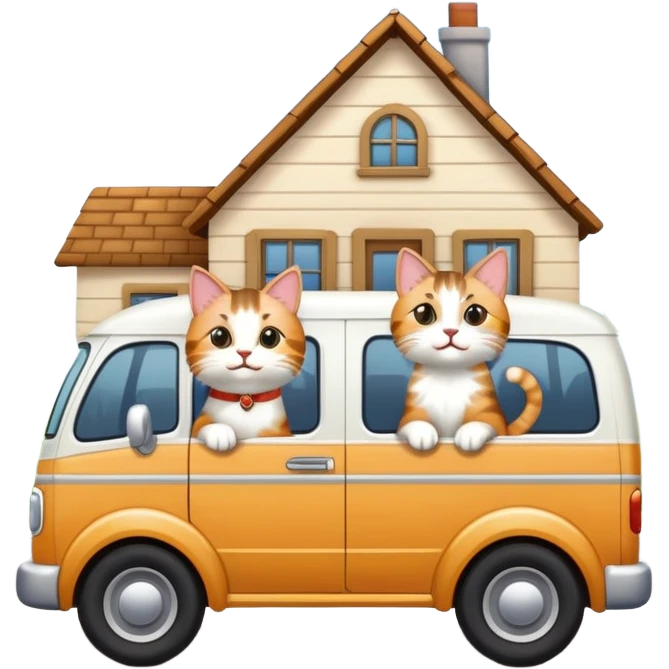 two cats in a moving van waving goodbye to their old house emoji