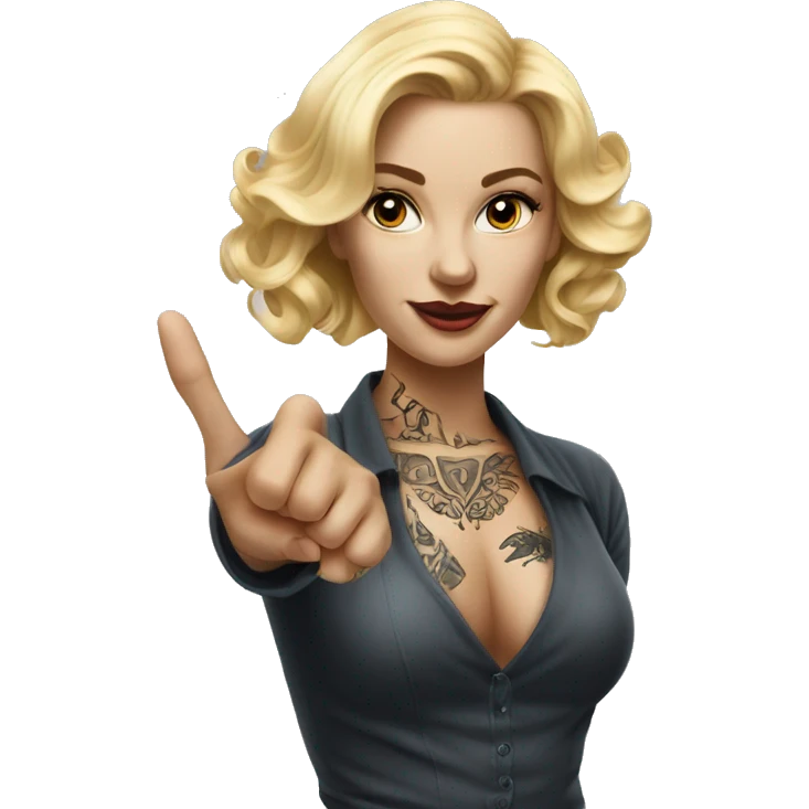 Blonde elegant women, her Body Covered with Tattoos, POINTING to YOU FORWARD with her ONE HAND , Hyper realistic emoji