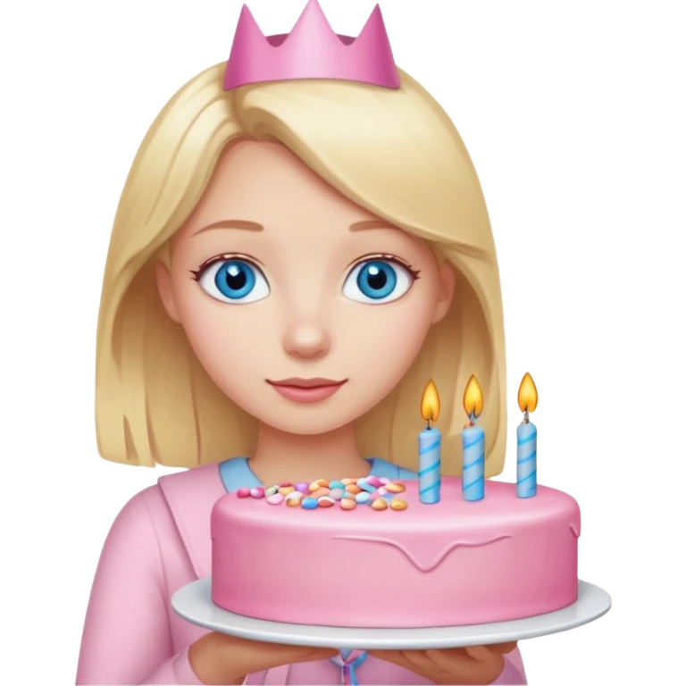 Blonde girl with blue eyes holding a pink birthday cake  emoji