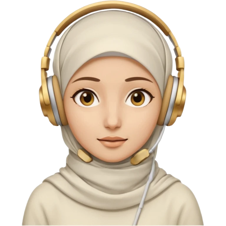 This is a cartoon-style avatar of a woman wearing a white hijab and headphones, with golden-brown eyes and a calm expression. emoji