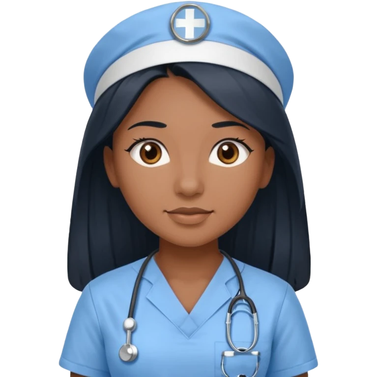 pretty brown skin nurse with long black hair and thin brown eyes in light blue scrubs emoji
