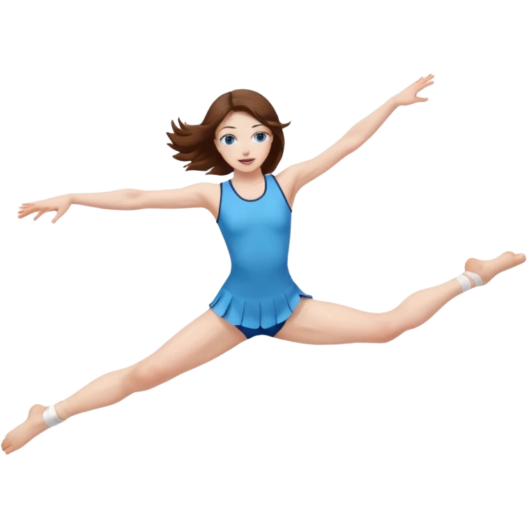 young woman with pale skin, brown hair, and blue eyes doing a front split leap emoji
