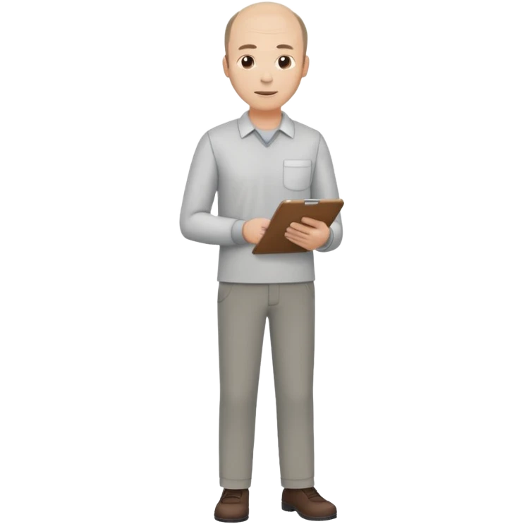 man mid 30's shirt and trousers balding hairline standing holding a clipboard emoji