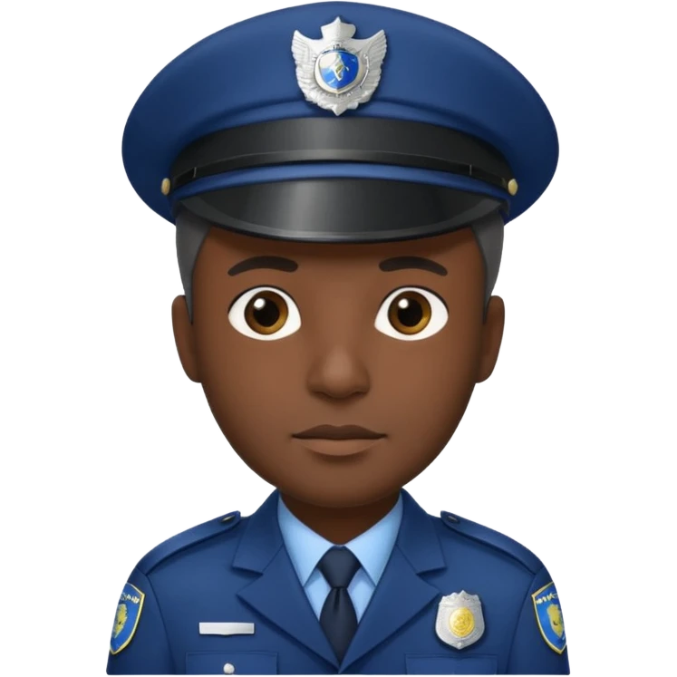 A dark-skinned man wearing a navy police hat with a silver badge, facing forward with a neutral expression. emoji