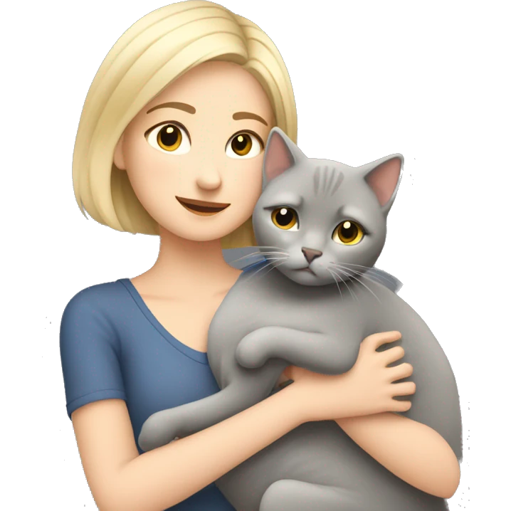 Blonde girl short hair hugging her grey British cat emoji