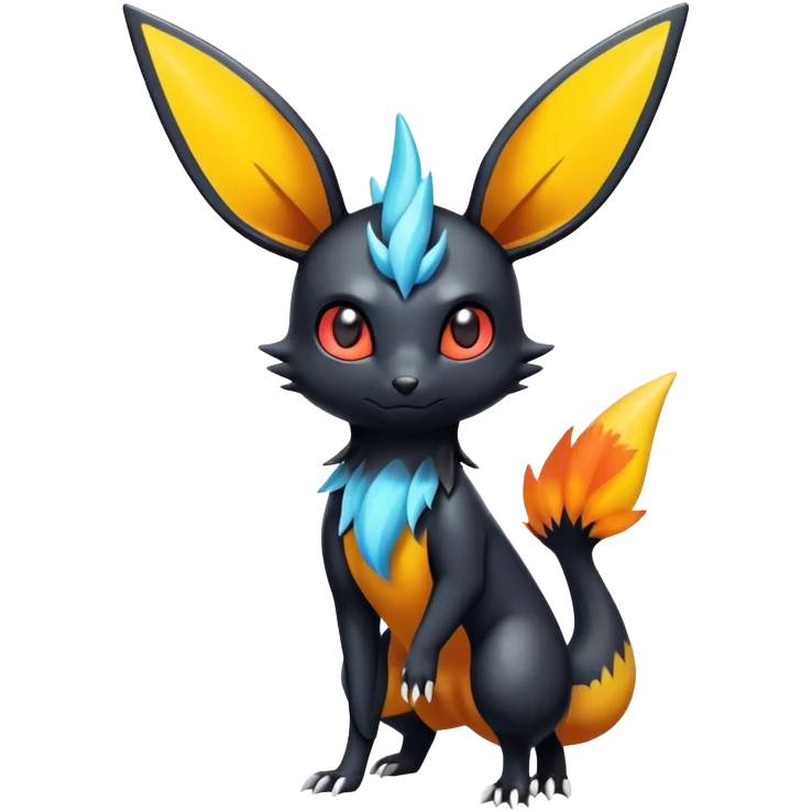 Colorful Shiny Exotic Victini-Salandit-Umbreon-Flareon-Fakémon-hybrid-creature (full body)  emoji