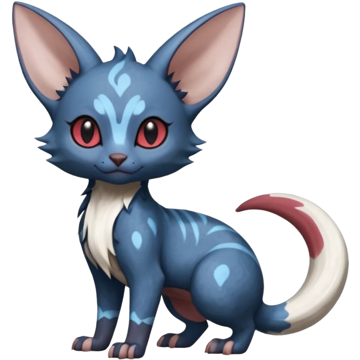 Dark Brown-Oily deep-blue-glittery Minccino-Lykoi-Emolga-Sphynx-Linoone-Zangoose-fusion-hybrid-animal-Fakémon-creature, full body, thin long sleek scaly tail, rounded ears, with intricate markings emoji