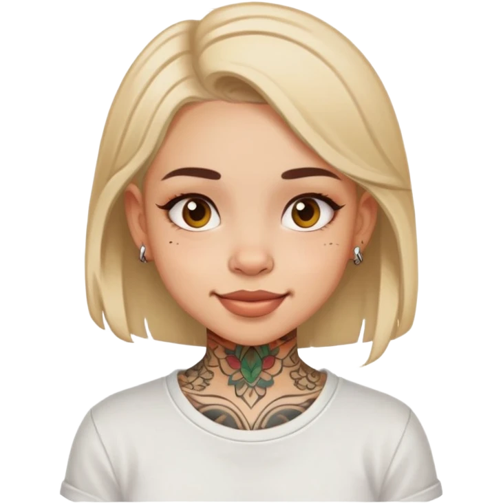 girl with small face tattoos, cheerful expression, wearing a shirt emoji