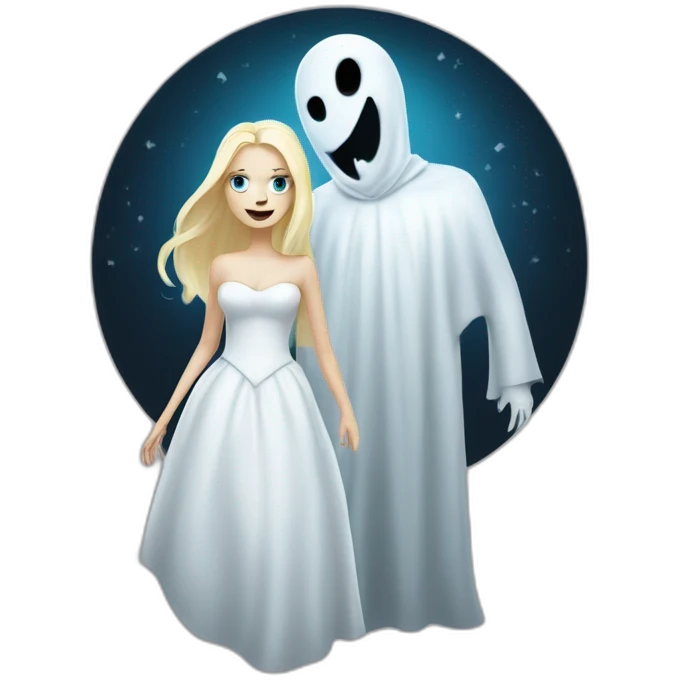 a blondie girl and a bald guy dressed as a ghost going both to a party emoji