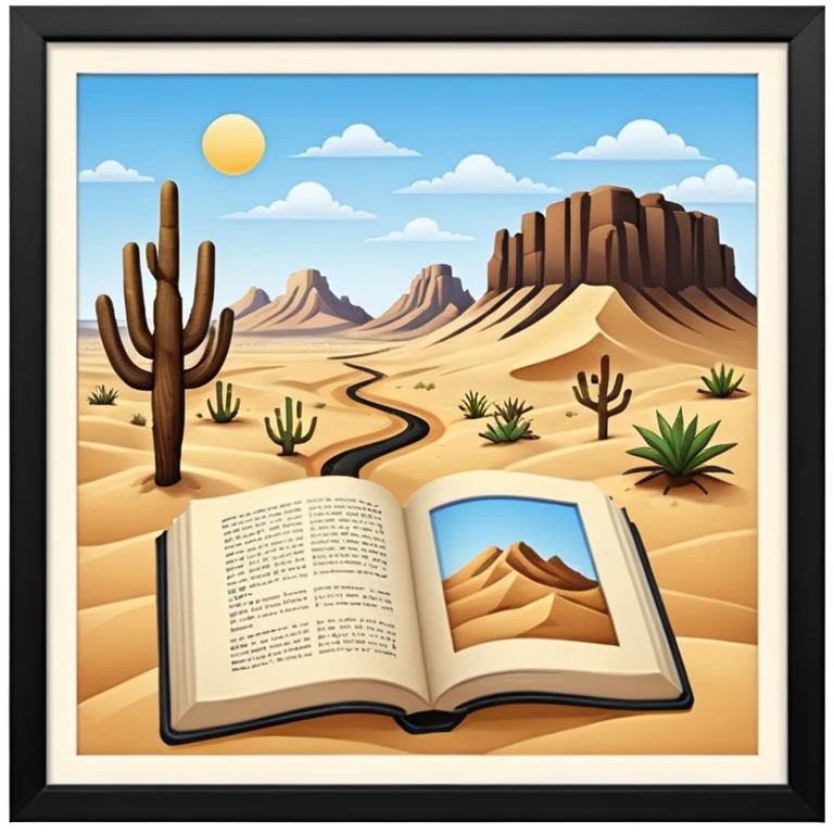 desert with books and drawing emoji