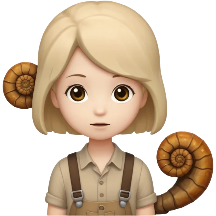 Shelly has a small, chibi-style body with a large ammonite-shaped head that looks like a beige fossil shell. One side of her head has a dark opening, making it clear she isn’t human. Her face is simple and soft, with big round eyes. She wears a brown suspender outfit over a lighter shirt emoji