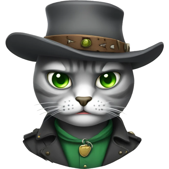very angry gray cat with green eyes dressed like an old west outlaw emoji