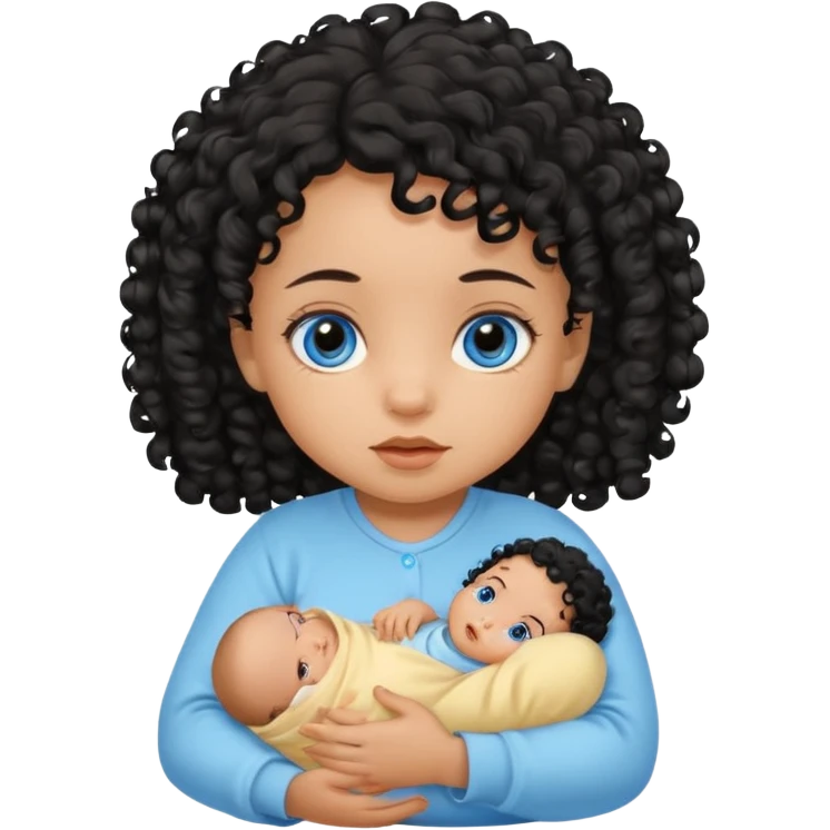a girl tan newborn baby with black curly hair and blue eyes emoji
