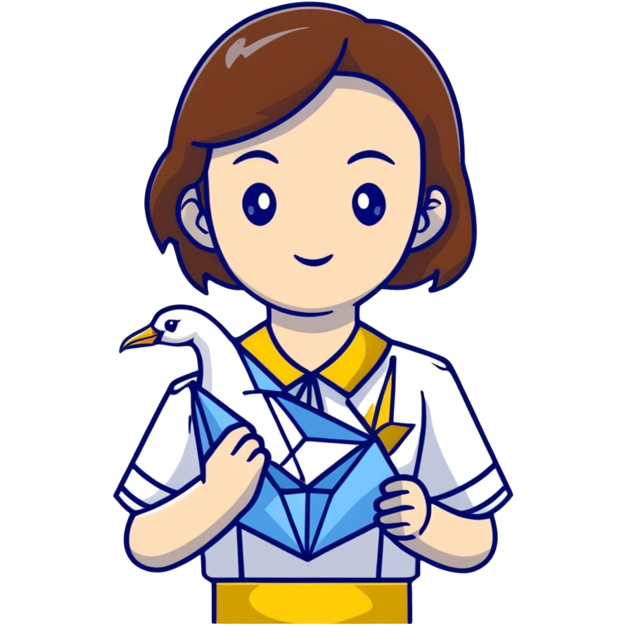 Happy Ukrainian young girl with brown hair in a white embroidered shirt holds an origami yellow and blue crane emoji