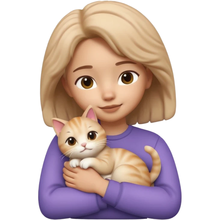 "Apple Memoji style 3D character, a young person gently petting and hugging a cute fluffy cat, peaceful and happy facial expressions, soft studio lighting, clean 3D clay render, vibrant colors, minimalist aesthetic, high detail, high resolution, isolated on a plain white background." emoji
