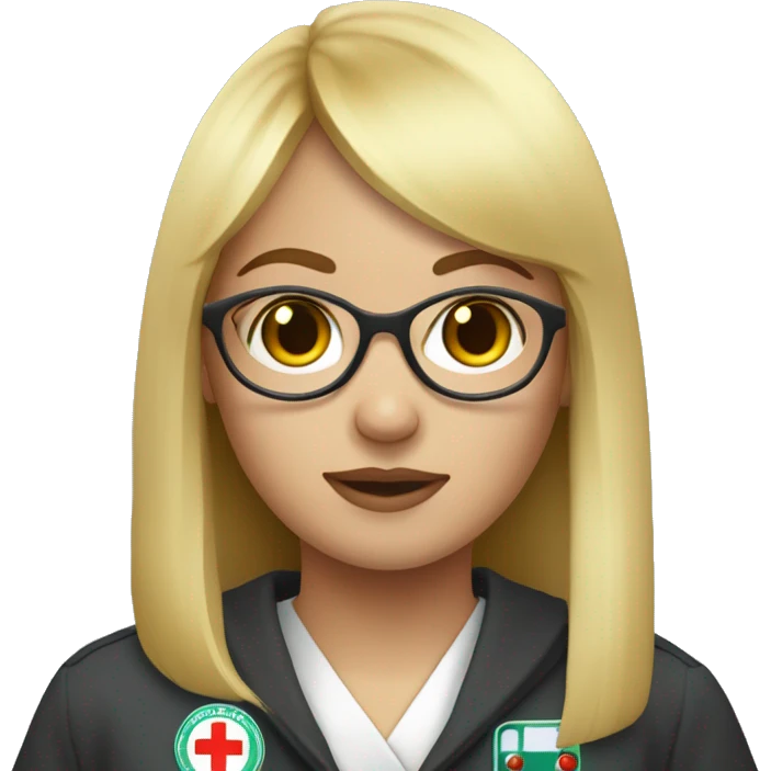 blonde straight hair girl with bangs, round eyeglasses, with ambulance rescuer robe emoji