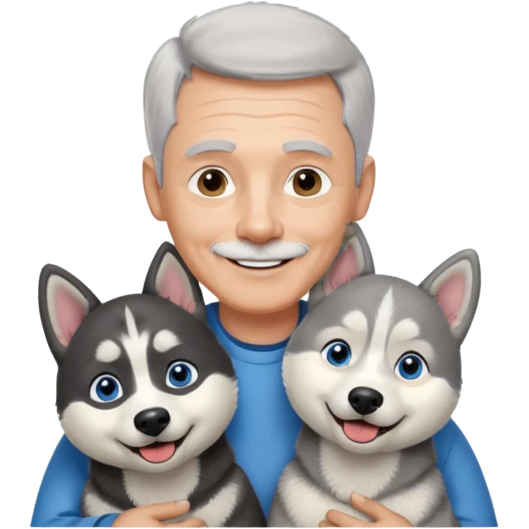 A smiling 60 year old man with blue eyes and short light gray hair and no facial hair, holding a single black and white husky dog with floppy ears and white tuft eyebrows  emoji