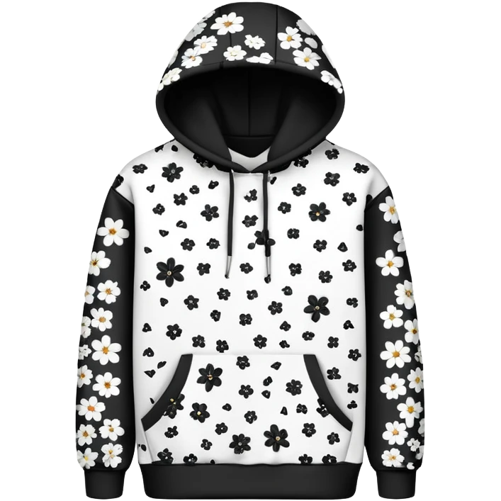 The BLACK Denim Tears Hoodie features a black base with distinctive black and white flowers. Each flower has a white outer ring with an empty space in the middle, creating a hollow, open design. These patterns are scattered across the hoodie for a bold and unique look. emoji