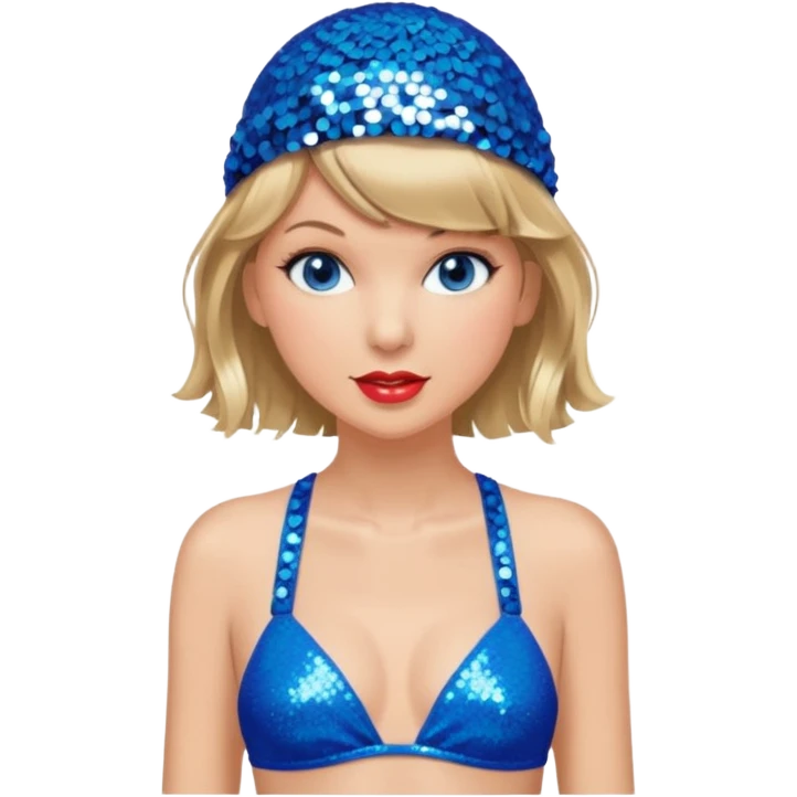 Taylor Swift wearing a blue bathing suit with sparkly sequin straps. She is also wearing a sequin blue swim cap with a sequin strap going under her chin. She has a blue tinsel boa draped over her shoulders. emoji
